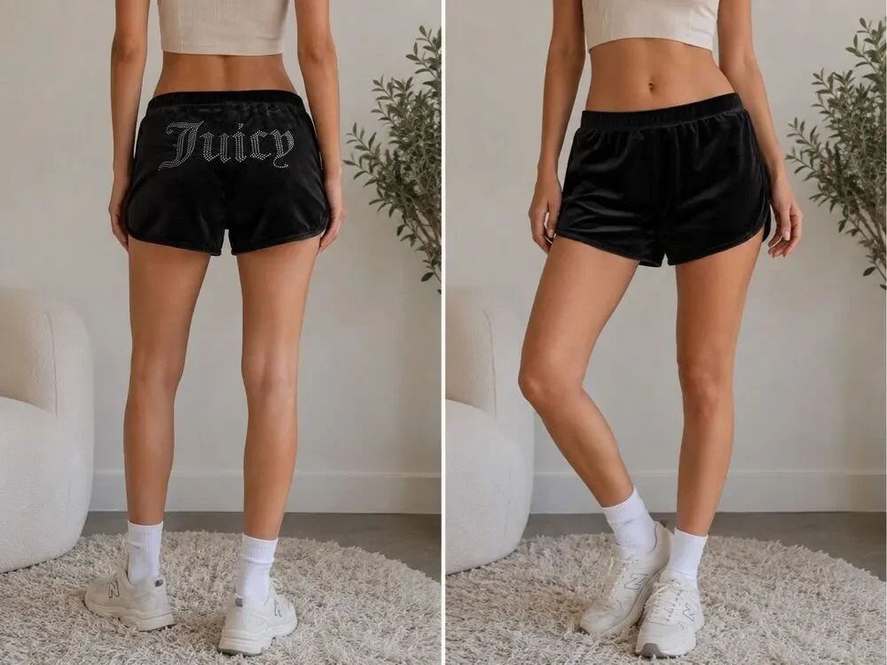 Juicy Couture Black Velour Sleep Shorts Rhinestone Logo Back XL Y2K Lounge